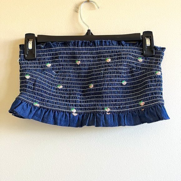 URBAN OUTFITTERS ROSIE RUFFLE TUBE TOP SIZE S DENIM BLUE PEACHES PEACH CROP - Picture 2 of 6